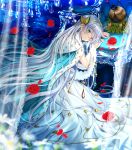  1girl anastasia_(fate/grand_order) armchair bangs blue_cloak blue_eyes brown_hair chair cloak commentary_request crown dress eyebrows_visible_through_hair fate/grand_order fate_(series) fingernails flower hair_ornament hairband head_rest highres leaf leaf_hair_ornament long_hair looking_away looking_to_the_side mini_crown parted_lips petals red_flower red_rose rose rose_petals sidelocks silver_hair smile solo swordsouls transparent very_long_hair white_dress yellow_hairband 