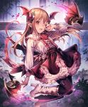  1girl :d artist_request bat brown_hair cygames earrings eyebrows_visible_through_hair fang flower frilled_skirt frills hair_ornament hand_to_own_face head_wings high_heels jewelry long_hair looking_at_viewer official_art one_eye_closed open_mouth pointy_ears red_eyes rose shadowverse shingeki_no_bahamut skirt smile solo thorns vampire vampy 