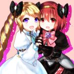  2girls armor blonde_hair blush cosplay dress elbow_gloves elise_(fire_emblem_if) elise_(fire_emblem_if)_(cosplay) fire_emblem fire_emblem:_mystery_of_the_emblem fire_emblem_if gloves hair_ribbon hairband headband highres lazulia long_hair looking_at_viewer maria_(fire_emblem) multiple_girls open_mouth red_eyes redhead ribbon short_hair simple_background smile violet_eyes 