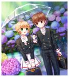  1boy 1girl :d antenna_hair black_blazer black_pants blodne_hair blue_flower blurry blurry_background brown_eyes brown_hair card_captor_sakura dutch_angle eye_contact eyebrows_visible_through_hair flower green_eyes heavenlove holding holding_bag holding_umbrella hydrangea kinomoto_sakura li_xiaolang looking_at_another miniskirt necktie open_mouth outdoors pants pleated_skirt purple_flower rain school_uniform shared_umbrella short_necktie sidelocks skirt smile transparent_umbrella umbrella white_neckwear white_skirt 