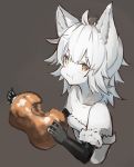  1girl :t ahoge animal_ears bangs black_gloves blush boned_meat brown_background brown_eyes closed_mouth collarbone copyright_request cropped_torso eating elbow_gloves eyebrows_visible_through_hair food fur-trimmed_gloves fur_trim gloves hair_between_eyes holding holding_food long_hair looking_at_viewer meat nekoglasses simple_background solo strapless wavy_mouth white_hair white_skin 