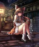  1girl alternate_eye_color architecture ass backlighting bad_proportions bangs black_footwear bow brown_eyes brown_hair detached_sleeves east_asian_architecture error fii_fii_(feefeeowo) frilled_bow frills hair_bow hair_tubes hakurei_reimu highres lantern legs looking_at_viewer night night_sky outdoors pleated_skirt red_skirt reflective_eyes ribbon-trimmed_shirt ribbon-trimmed_skirt ribbon-trimmed_sleeves ribbon_trim shiny shiny_hair sitting skirt sky smile socks solo stairs star_(sky) starry_sky thighs touhou village water white_legwear wide_sleeves wind wooden_lantern 