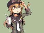  1girl adjusting_clothes adjusting_hat adrian_ferrer belt black_serafuku blonde_hair crescent crescent_moon_pin cup drinking_straw frown glasses hat kantai_collection long_hair mochizuki_(kantai_collection) orange_eyes plaid_hat school_uniform serafuku solo upper_body 