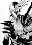  1boy antonio_salieri_(fate/grand_order) armor closed_mouth copyright_request fate/grand_order fate_(series) grey_background greyscale hand_up highres male_focus monochrome nakamura_regura oversize_forearms pauldrons simple_background solo upper_body white_background 