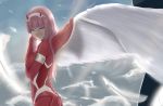  1girl aqua_eyes awu bodysuit darling_in_the_franxx eyebrows_visible_through_hair feathers hairband horns long_hair pink_hair red_bodysuit single_wing sky solo white_hairband wings zero_two_(darling_in_the_franxx) 
