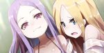  2girls abigail_williams_(fate/grand_order) bangs bare_shoulders blonde_hair blue_eyes blurry blurry_background blush breasts closed_mouth collarbone depth_of_field dutch_angle fate/grand_order fate_(series) forehead highres looking_at_viewer multiple_girls off_shoulder open_mouth parted_bangs protected_link purple_hair shirt small_breasts smile violet_eyes wada_kazu white_shirt wu_zetian_(fate/grand_order) 