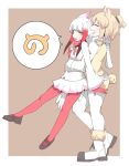  2girls alpaca_ears alpaca_suri_(kemono_friends) alpaca_tail animal_ears bangs beige_shorts beige_vest blonde_hair blunt_bangs boots brown_background closed_eyes extra_ears frame frilled_sleeves frills fur-trimmed_sleeves fur-trimmed_vest fur_collar fur_trim gloves hair_tie hand_on_another&#039;s_stomach hands_together head_wings hifumitaka hug hug_from_behind japanese_crested_ibis_(kemono_friends) japari_symbol kemono_friends long_sleeves miniskirt multicolored_hair multiple_girls open_mouth pantyhose pleated_skirt red_gloves red_legwear redhead short_ponytail shorts skirt speech_bubble tail tail_feathers white_footwear white_hair white_legwear white_skirt wide_sleeves yellow_eyes 