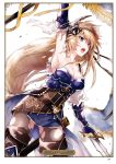  1girl arm_up artist_name blonde_hair blue_eyes blue_skirt boots breasts brown_footwear card_(medium) character_name cleavage collarbone cowboy_shot floating_hair gauntlets granblue_fantasy grey_legwear hair_between_eyes hair_ribbon highres holding holding_sword holding_weapon jeanne_d&#039;arc_(granblue_fantasy) long_hair low-tied_long_hair medium_breasts miniskirt open_mouth pantyhose ribbon skirt solo strapless sword thigh-highs thigh_boots torn_clothes torn_pantyhose very_long_hair weapon white_ribbon yellow_ribbon 