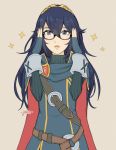  1girl blue_eyes blue_hair blush fingerless_gloves fire_emblem fire_emblem:_kakusei glasses gloves highres jivke long_hair looking_at_viewer lucina simple_background solo tiara 