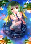  1girl absurdres animal blue_skirt blurry blurry_background breast_hold breasts closed_mouth commentary english_commentary fish flower frog frog_hair_ornament green_hair hair_ornament highres kochiya_sanae large_breasts lily_pad long_hair looking_at_viewer midriff outdoors skirt snake_hair_ornament solo sparkle standing tears touhou wading water wet wet_clothes wet_hair white_flower wing_collar xereane yellow_eyes 