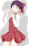  1girl bangs blunt_bangs blush bow breasts chestnut_mouth choker cowboy_shot dress gegege_no_kitarou grey_background hair_bow hands_up inou_eita long_sleeves looking_at_viewer nekomusume pinafore_dress pointy_ears purple_hair red_bow red_choker red_dress shirt short_hair small_breasts solo standing two-tone_background white_shirt yellow_eyes 