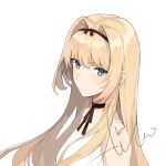  1girl aiko_(kanl) blonde_hair blue_eyes breasts choker copyright_request eyebrows_visible_through_hair hair_intakes hair_ribbon long_hair looking_at_viewer ribbon ribbon_choker sidelocks signature simple_background small_breasts solo tsurime upper_body white_background 