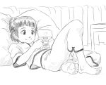  1girl barefoot character_request feet handheld_game_console nintendo_ds pillow soles solo toes 