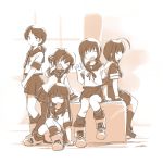  5girls ahoge bangs blunt_bangs box braid commentary_request fang fubuki_(kantai_collection) hair_over_shoulder hatsuyuki_(kantai_collection) ikazuchi_(kantai_collection) kantai_collection long_hair looking_at_viewer low_twintails monochrome multiple_girls open_mouth pleated_skirt sepia shigure_(kantai_collection) shirayuki_(kantai_collection) short_hair sitting skirt smile standing tewarusa thigh-highs twintails v waving window 