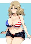  1girl american_flag_bikini arms_at_sides bangs bare_arms bare_shoulders bikini black_shorts blonde_hair blue_eyes blush breasts closed_mouth collarbone flag_print girls_und_panzer highres invisible_chair kay_(girls_und_panzer) koujun_(mugenzero) large_breasts long_hair navel parted_bangs raised_eyebrows shiny shiny_hair short_shorts shorts sitting skindentation smile solo stomach sweat swimsuit two-tone_background wet 