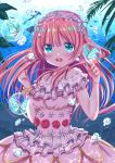  1girl :d absurdres air_bubble bangs blue_eyes blush bubble bug butterfly clenched_hand dress fish flower hair_flower hair_ornament hammerhead_shark hands_up highres insect looking_at_viewer manta_ray open_mouth original pink_dress pink_hair pink_skirt red_flower skirt smile sunlight tenzeru tiara underwater wristband 