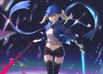  1girl absurdres ahoge artoria_pendragon_(all) bangs baseball_cap black_legwear black_shorts blonde_hair blue_eyes blurry boots commentary dark_excalibur depth_of_field dual_wielding excalibur fate/grand_order fate_(series) full_body groin hair_between_eyes hair_through_headwear hat highres holding holding_sword holding_weapon jacket long_hair long_legs looking_at_viewer midriff mysterious_heroine_x navel nebu_(pixiv22443854) open_clothes open_jacket open_shorts ponytail saber scarf shadow shattered short_shorts shorts sidelocks solo standing sword thigh-highs thighs weapon 
