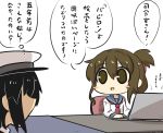  1boy 1girl admiral_(kantai_collection) anchor_symbol black_hair blush_stickers brown_eyes brown_hair chibi comic commentary_request computer desk folded_ponytail goma_(gomasamune) hair_between_eyes hat highres inazuma_(kantai_collection) kantai_collection laptop long_sleeves neckerchief peaked_cap school_uniform serafuku sitting smile thought_bubble translation_request white_background 