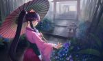  1girl backlighting bangs blunt_bangs breasts commentary_request flower from_behind hakama highres hip_vent japanese_clothes koutetsujou_no_kabaneri long_hair looking_at_viewer looking_back nfb-zmc oriental_umbrella outstretched_hand petals pink_eyes ponytail purple_hair rain sidelocks solo torii umbrella very_long_hair wide_sleeves yomogawa_ayame 