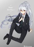  1girl adjusting_clothes adjusting_necktie arm_support bangs brown_eyes commentary_request formal happy_birthday long_hair mishima_kurone necktie pant_suit ponytail shirokami_project shoes sidelocks signature suit tierra_azur twitter_username very_long_hair white_hair 