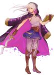  1girl book boots cloak female_my_unit_(fire_emblem:_kakusei) fire_emblem fire_emblem:_kakusei full_body gloves highres holding holding_book holding_sword holding_weapon long_hair looking_at_viewer my_unit_(fire_emblem:_kakusei) red_eyes smile solo sword weapon white_hair 