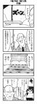  1boy 1girl 4koma :3 bald bangs bkub blank_eyes blunt_bangs calimero_(bkub) chains comic cup door emphasis_lines formal greyscale hand_in_pocket highres holding holding_cup hole honey_come_chatka!! monochrome monster necktie open_door pointy_ears rope shirt short_hair simple_background smile smug speech_bubble spikes suit surprised sweatdrop talking translation_request two-tone_background 