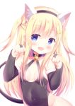  1girl :d animal_ears bangs bare_shoulders bell bell_choker black_choker black_hairband black_leotard blonde_hair blue_eyes blush breasts bridal_gauntlets cat_ears cat_girl cat_tail choker collarbone commentary covered_navel eyebrows_visible_through_hair fake_animal_ears fang hair_between_eyes hair_ornament hairband hands_up head_tilt highres jingle_bell kittipat_jituatakul leotard long_hair medium_breasts open_mouth original paw_pose simple_background smile solo tail two_side_up very_long_hair white_background 