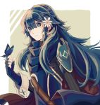 1girl artist_request blue_eyes blue_hair bug butterfly cape fingerless_gloves fire_emblem fire_emblem:_kakusei gloves insect long_hair looking_at_viewer lucina simple_background smile solo tiara 