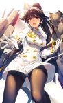  1girl aiguillette akanagi_youto azur_lane bangs black_hair black_legwear blush bow buttons eyebrows_visible_through_hair gloves hair_bow hair_flaps hair_ribbon highres holding holding_sword holding_weapon jacket katana long_hair looking_at_viewer machinery military military_uniform naval_uniform open_mouth orange_eyes outstretched_hand pantyhose pleated_skirt ponytail ribbon sidelocks simple_background skirt solo sword takao_(azur_lane) turret uniform weapon white_background white_gloves white_jacket white_skirt 