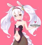  1girl animal_ears azur_lane bangs bare_shoulders black_legwear black_leotard blush bow bowtie breasts bunny_girl bunnysuit collarbone commentary_request cup detached_collar drinking_glass eyebrows_visible_through_hair hair_between_eyes hair_ornament hairband holding holding_tray laffey_(azur_lane) leotard long_hair medium_breasts navel panties parted_lips pink_background pink_bow pink_neckwear rabbit_ears red_eyes red_hairband shiruko27anko silver_hair simple_background solo strapless strapless_leotard tray twintails underwear very_long_hair white_collar 