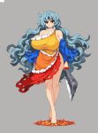  1girl autumn_leaves bare_legs bare_shoulders barefoot breasts commentary_request detached_sleeves dress frown grey_background hatchet holding holding_weapon huge_breasts long_hair looking_at_viewer lowres multicolored multicolored_clothes multicolored_dress oriental_hatchet pixel_art red_eyes sakata_nemuno silver_hair simple_background single_strap solo standing takorin touhou very_long_hair wavy_hair weapon wide_hips wide_sleeves 