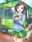  3girls :d animal_backpack aqua_eyes bag bag_charm bangs black_legwear blue_skirt brown_hair building bus camera cellphone charm_(object) clothes_around_waist dated frog green_skirt ground_vehicle hair_ornament hairclip highres hood hoodie ilog long_hair looking_at_viewer motor_vehicle multiple_girls official_art open_mouth outdoors phone school_bag school_uniform short_hair skirt smartphone smile standing stuffed_toy swept_bangs uchida_masahiro watermark 