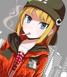  1girl :/ badge bangs beanie blonde_hair blue_eyes blush building button_badge buttons cigarette closed_mouth collarbone dutch_angle earrings eyebrows eyebrows_visible_through_hair eyelashes floral_print gauge green_hat hat highres jacket jewelry long_hair looking_at_viewer open_clothes open_jacket original red_jacket shirt smoke smoking solo straight_hair the_north_face tom_(drpow) tsurime unbuttoned upper_body white_shirt 