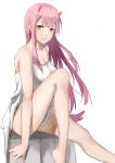  1girl absurdres aqua_eyes bangs bare_legs bare_shoulders darling_in_the_franxx dress eyebrows_visible_through_hair highres horns liudaohai6001 long_hair pink_hair revision sitting solo sundress zero_two_(darling_in_the_franxx) 