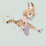 1girl animal_ears blonde_hair boots bow bowtie depaken elbow_gloves eyebrows_visible_through_hair food food_in_mouth gloves highres japari_bun jumping kemono_friends multicolored_hair serval_(kemono_friends) serval_ears serval_print serval_tail short_hair skirt solo tail thigh-highs vest yellow_eyes 