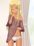 1girl aqua_eyes bad_proportions blonde_hair blush clothes_lift curtains dark_skin eyebrows_visible_through_hair highres idolmaster idolmaster_cinderella_girls layla_(idolmaster) lifted_by_self long_hair looking_at_viewer off-shoulder_shirt one_eye_closed open_mouth panties shirt solo t-shirt u2_(5798239) underwear white_panties window