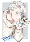  2boys animal_hat artist_name black_hair blue_eyes blush brown_eyes cosplay dog_hat glasses hat heart highres hory_makoto katsuki_yuuri male_focus miniboy multiple_boys paws pochacco pochacco_(cosplay) ribbed_sweater sanrio silver_hair sweater translation_request turtleneck turtleneck_sweater viktor_nikiforov yuri!!!_on_ice 