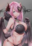  1girl bare_shoulders bikini black_bikini black_bow black_gloves blue_eyes bow breasts cleavage draph error eyes_visible_through_hair fingerless_gloves gloves granblue_fantasy hair_bow hair_ornament hair_over_one_eye highres hood hood_down horns jewelry large_breasts lips long_hair looking_at_viewer mushi024 narmaya_(granblue_fantasy) necklace parted_lips pink_hair pointy_ears side-tie_bikini skindentation solo stomach swimsuit 