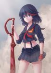  1girl black_hair collarbone gloves highres holding holding_sword holding_weapon kalina_(skiki86320) kill_la_kill matoi_ryuuko midriff miniskirt multicolored_hair navel plaid plaid_skirt red_neckwear school_uniform scissor_blade senketsu serafuku short_hair short_sleeves single_glove skirt solo standing streaked_hair suspenders sword two-tone_hair weapon 