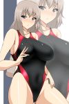  1girl :/ bangs bare_arms bare_shoulders black_swimsuit blush breasts closed_mouth collarbone competition_swimsuit cowboy_shot eyebrows_visible_through_hair girls_und_panzer gluteal_fold grey_hair hand_up highleg highleg_swimsuit highres itsumi_erika koujun_(mugenzero) large_breasts long_hair nose_blush one-piece_swimsuit raised_eyebrows shiny shiny_skin solo standing swimsuit tsurime two-tone_background zombie 
