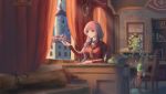  1girl book bookshelf candle catcus chair curtains desk flower_knight_girl green_eyes hair_over_shoulder heterochromia highres inside long_hair looking_out_window pink_eyes pink_hair potter_plant sakura_(flower_knight_girl) scroll sitting solo 