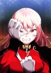  1girl angry bandage_over_one_eye bangs breasts clenched_hand clenched_teeth eyebrows_visible_through_hair fate/grand_order fate_(series) florence_nightingale_(fate/grand_order) gloves hand_on_own_face highres large_breasts long_hair looking_at_viewer pink_hair red_eyes solo teeth wiseman-redfield 