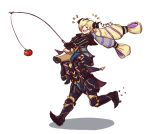  armor blonde_hair bow brother_and_sister carrying_over_shoulder closed_eyes costume drill_hair elise_(fire_emblem_if) fire_emblem fire_emblem_if fishing_rod gauntlets gloves hair_bow horse laughing leon_(fire_emblem_if) running siblings simple_background smile tomato white_background 