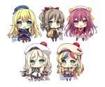  5girls :d :o akikaze_tsumuji anchor_hair_ornament apron atago_(kantai_collection) bangs beige_jacket beret black_gloves black_hakama black_legwear blonde_hair blue_eyes blue_hair blue_hat blue_jacket blue_legwear blue_skirt blush boots bow breasts brown_footwear brown_hair character_name chibi commandant_teste_(kantai_collection) commentary_request cross-laced_footwear dress eyebrows_visible_through_hair frilled_apron frills furisode gloves green_eyes hair_between_eyes hair_bow hair_ornament hair_ribbon hakama hakama_skirt hat hatakaze_(kantai_collection) holding jacket japanese_clothes kamikaze_(kantai_collection) kantai_collection kimono knee_boots lace-up_boots light_brown_hair long_hair long_sleeves maid_apron maid_headdress medium_breasts meiji_schoolgirl_uniform military military_jacket military_uniform mole mole_under_eye multicolored_hair multiple_girls open_mouth pantyhose parted_lips pink_hakama pleated_skirt ponytail purple_hair red_kimono red_ribbon redhead ribbon richelieu_(kantai_collection) ringlets scarf short_kimono skirt smile standing streaked_hair striped striped_scarf thigh-highs torpedo uniform very_long_hair violet_eyes wavy_hair white_apron white_background white_dress white_hair white_hat white_kimono white_legwear yellow_bow 