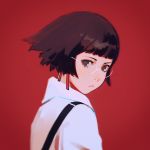  1girl brown_eyes brown_hair closed_mouth commentary_request glasses ilya_kuvshinov looking_at_viewer looking_to_the_side original red_background shirt simple_background solo upper_body white_shirt 