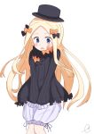  1girl abigail_williams_(fate/grand_order) bangs black_bow black_dress black_hat blonde_hair bloomers blue_eyes blush bow bug butterfly commentary_request dress eyebrows_visible_through_hair fate/grand_order fate_(series) forehead hair_bow hat highres insect kujou_karasuma long_hair long_sleeves open_mouth orange_bow parted_bangs polka_dot polka_dot_bow signature simple_background sleeves_past_fingers sleeves_past_wrists solo underwear very_long_hair white_background white_bloomers 