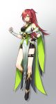  1girl :d bandage bandaged_arm bare_shoulders black_footwear black_gloves boots breasts bridal_gauntlets contrapposto gloves gradient gradient_background green_eyes grey_background hair_between_eyes hair_ornament hairclip kangetsu_(fhalei) leg_belt looking_at_viewer medium_breasts off_shoulder one_side_up open_mouth original redhead smile solo standing 