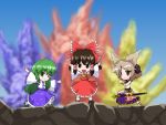 3girls ascot belt brown_eyes brown_hair chibi collar detached_sleeves explosions fists frills green_eyes green_hair hair_tubes hakurei_reimu head_phones iteza@oyasuminaka kochiya_sanae long_hair open_arms parody ribbon sandals shoes short_hair skirt smile smoke socks super_sentai sword touhou toyosatomimi_no_miko