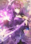  1girl bangs breasts caster_(lostbelt) cleavage dress fate/grand_order fate_(series) fur_trim hair_between_eyes headpiece highres iroha_(shiki) jewelry long_hair open_mouth pantyhose purple_background purple_dress purple_hair red_eyes runes solo tiara wand wide_sleeves 