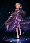  1girl absurdres artoria_pendragon_(all) barefoot black_bow black_dress blonde_hair bow breasts cleavage dark_excalibur dress fate/stay_night fate_(series) full_body hair_bow highres holding holding_sword holding_weapon kazuki_seto long_dress looking_at_viewer medium_breasts saber_alter short_hair_with_long_locks sidelocks skirt_hold sleeveless sleeveless_dress smile solo sword weapon yellow_eyes 